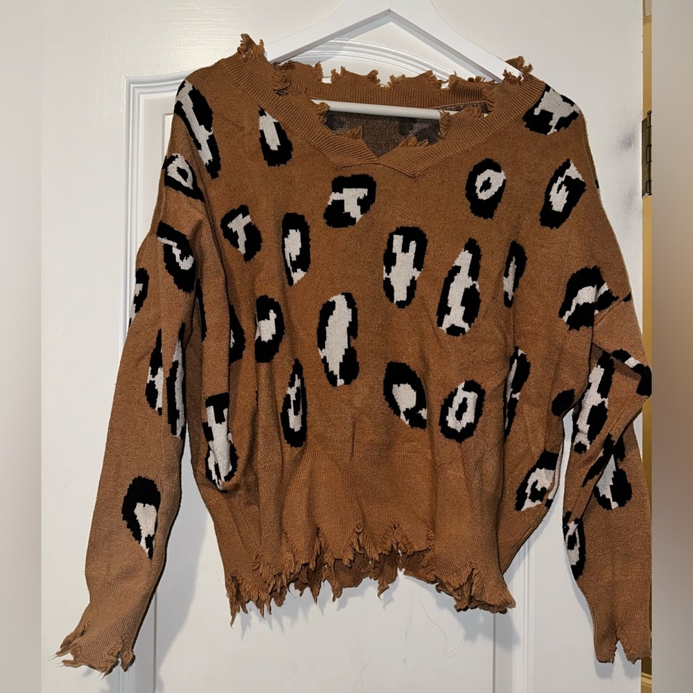 Khaki Brown Leopard Distressed Cropped Sweater